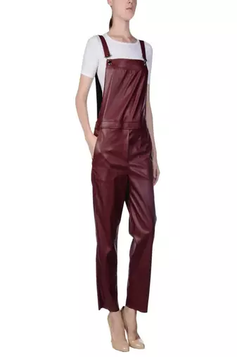 Women’s burgunday soft genuine lambskin leather utility stylish sleeveless jumpsuit