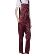 Women’s burgunday soft genuine lambskin leather utility stylish sleeveless jumpsuit