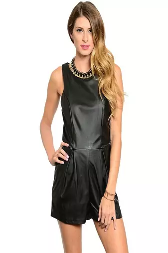 Women’s black soft genuine lambskin leather utility stylishshort jumpsuit
