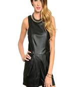 Women’s black soft genuine lambskin leather utility stylishshort jumpsuit