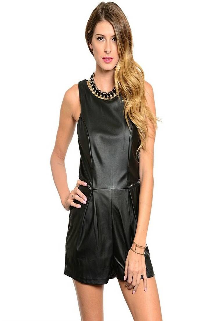 Women’s black soft genuine lambskin leather utility stylishshort jumpsuit