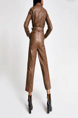 Women’s brown soft genuine lambskin leather utility stylish snap button jumpsuit 2