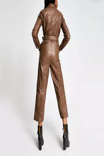 Women’s brown soft genuine lambskin leather utility stylish snap button jumpsuit