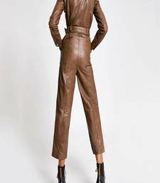 Women’s brown soft genuine lambskin leather utility stylish snap button jumpsuit