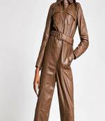 Women’s brown soft genuine lambskin leather utility stylish snap button jumpsuit