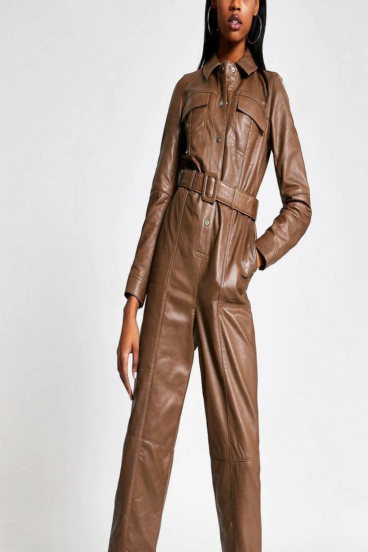 Women’s brown soft genuine lambskin leather utility stylish snap button jumpsuit