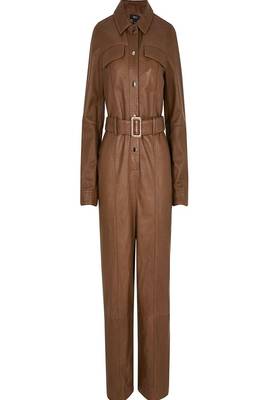 Women’s brown soft genuine lambskin leather utility stylish snap button jumpsuit 3