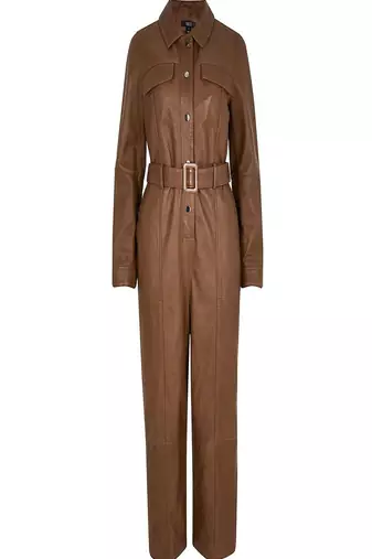 Women’s brown soft genuine lambskin leather utility stylish snap button jumpsuit