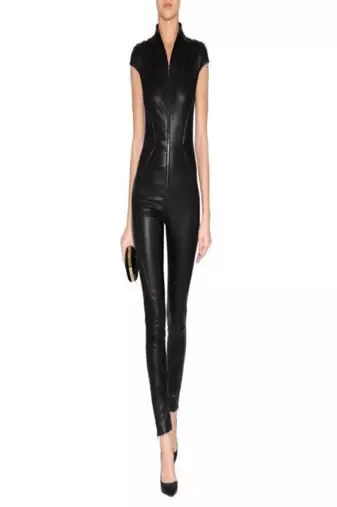 Women’s black soft genuine lambskin leather utility stylish cap sleeve jumpsuit