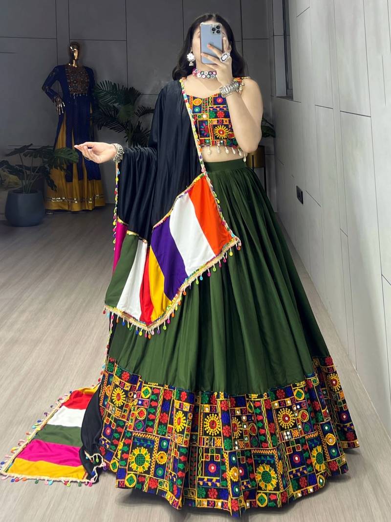 Mehendi Rayon Cotton Embroidery Semi stitched Navratri Chaniya Choli