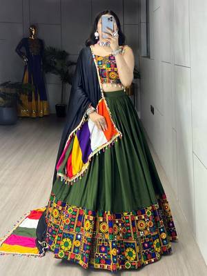 Mehendi Rayon Cotton Embroidery Semi stitched Navratri Chaniya Choli 3