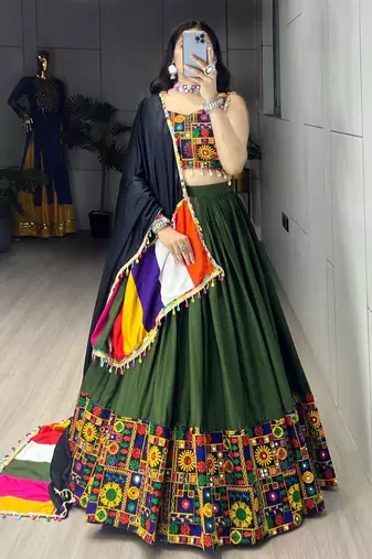Mehendi Rayon Cotton Embroidery Semi stitched Navratri Chaniya Choli