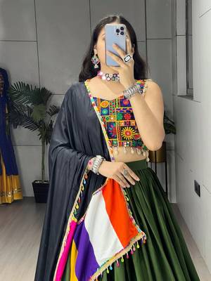 Mehendi Rayon Cotton Embroidery Semi stitched Navratri Chaniya Choli 4