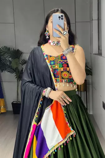 Mehendi Rayon Cotton Embroidery Semi stitched Navratri Chaniya Choli