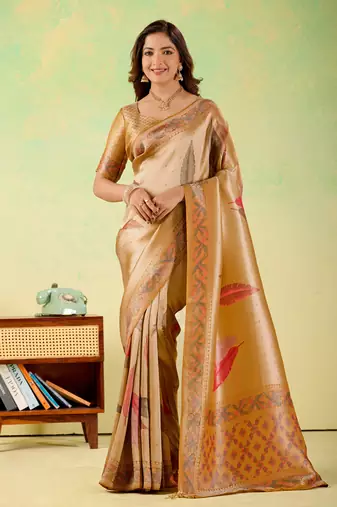 Mustard viscose silk position print saree with matching blouse piece