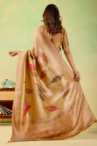 Mustard viscose silk position print saree with matching blouse piece