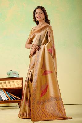 Mustard viscose silk position print saree with matching blouse piece 3