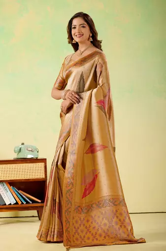 Mustard viscose silk position print saree with matching blouse piece
