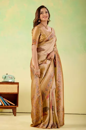Mustard viscose silk position print saree with matching blouse piece