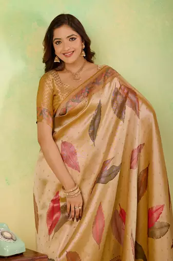 Mustard viscose silk position print saree with matching blouse piece