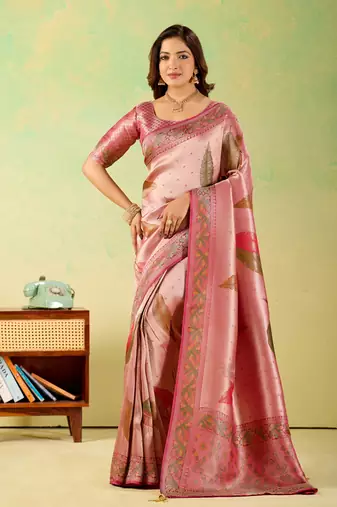 Pink viscose silk position print saree with matching blouse piece