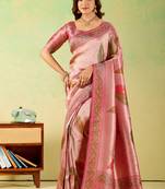 Pink viscose silk position print saree with matching blouse piece