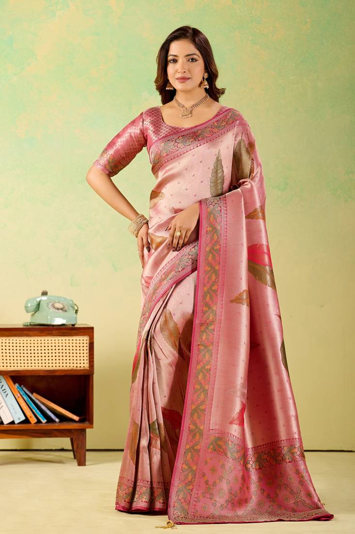 Pink viscose silk position print saree with matching blouse piece