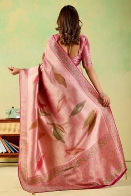 Pink viscose silk position print saree with matching blouse piece 2