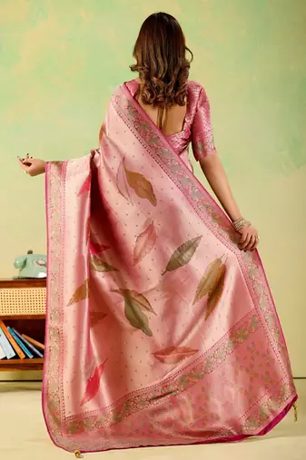 Pink viscose silk position print saree with matching blouse piece