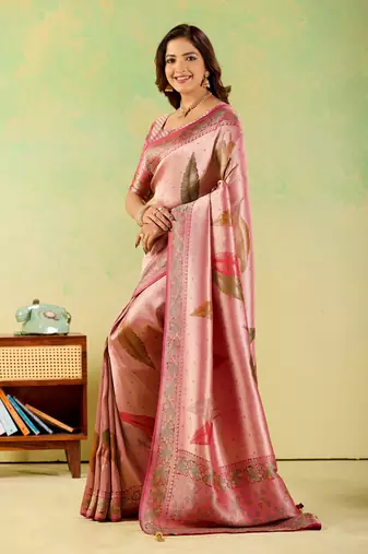 Pink viscose silk position print saree with matching blouse piece