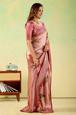 Pink viscose silk position print saree with matching blouse piece 4