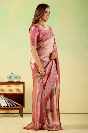 Pink viscose silk position print saree with matching blouse piece