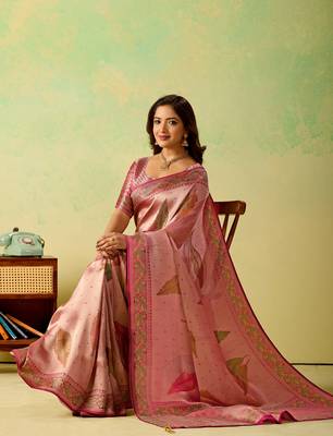 Pink viscose silk position print saree with matching blouse piece 5