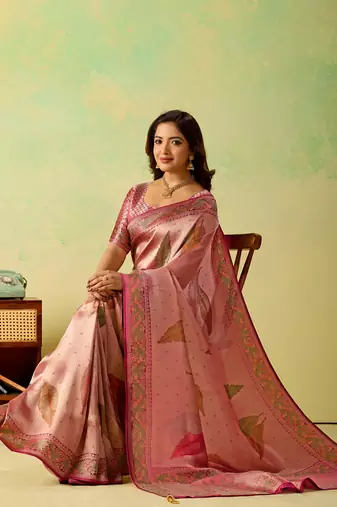Pink viscose silk position print saree with matching blouse piece