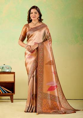 Orange viscose silk position print saree with matching blouse piece 1