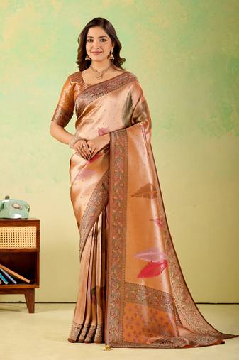 Orange viscose silk position print saree with matching blouse piece