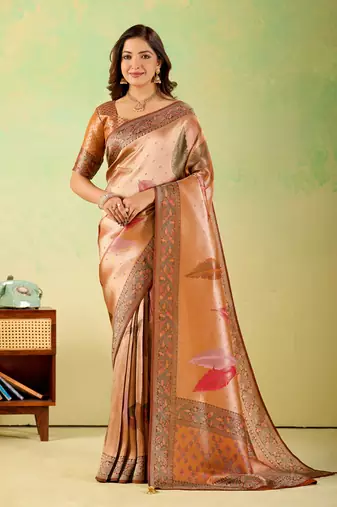 Orange viscose silk position print saree with matching blouse piece
