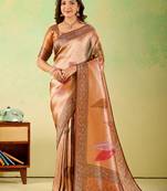 Orange viscose silk position print saree with matching blouse piece
