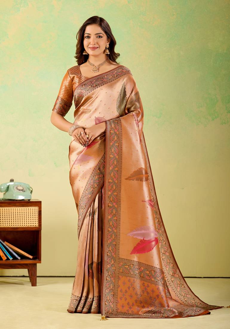 Orange viscose silk position print saree with matching blouse piece