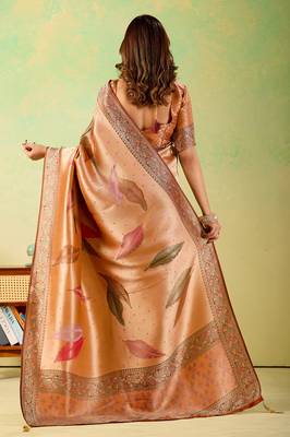 Orange viscose silk position print saree with matching blouse piece 2
