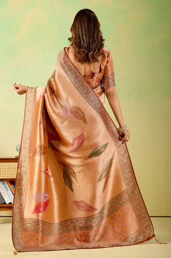 Orange viscose silk position print saree with matching blouse piece