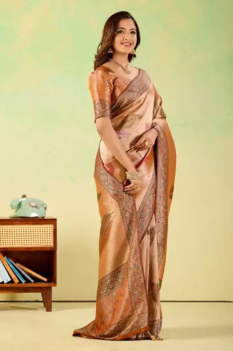 Orange viscose silk position print saree with matching blouse piece