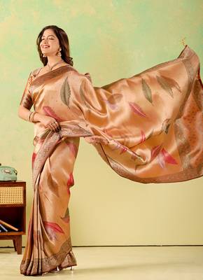 Orange viscose silk position print saree with matching blouse piece 4