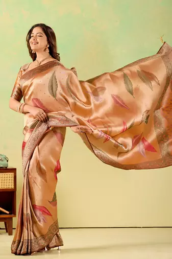 Orange viscose silk position print saree with matching blouse piece