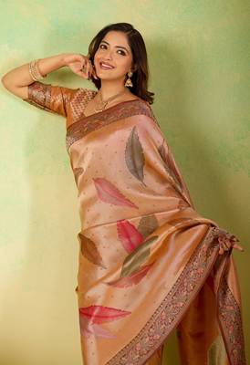 Orange viscose silk position print saree with matching blouse piece 5