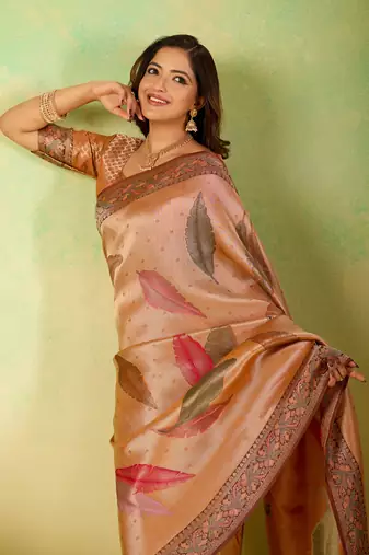Orange viscose silk position print saree with matching blouse piece