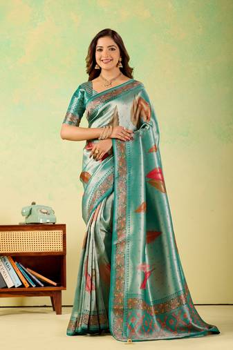 Teal viscose silk position print saree with matching blouse piece