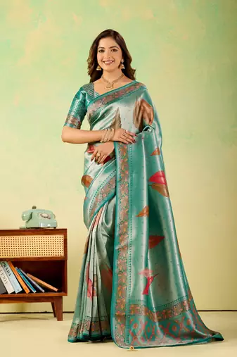 Teal viscose silk position print saree with matching blouse piece