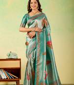 Teal viscose silk position print saree with matching blouse piece