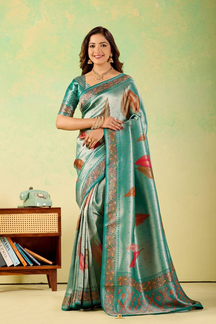 Teal viscose silk position print saree with matching blouse piece